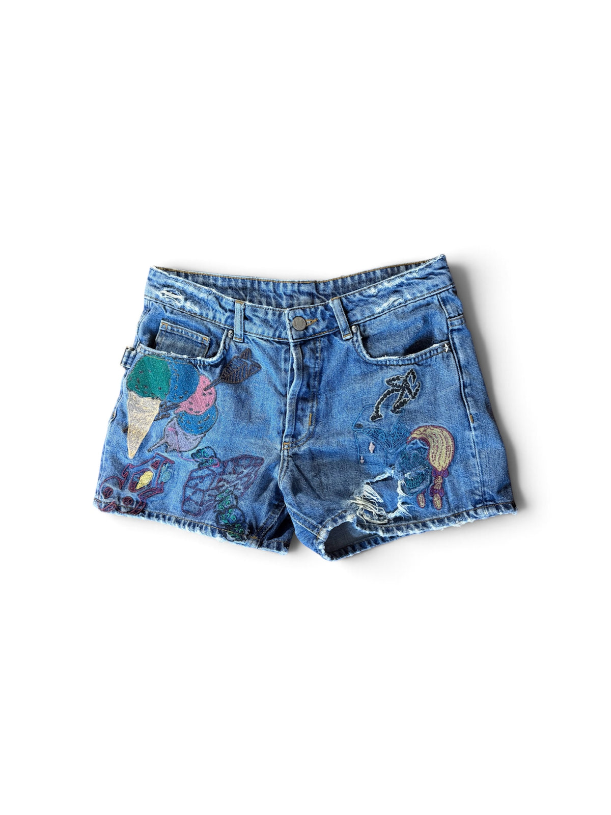Short en Jean Brodé "Zadig & Voltaire" Bleu avec Patchs et Effet Destroy