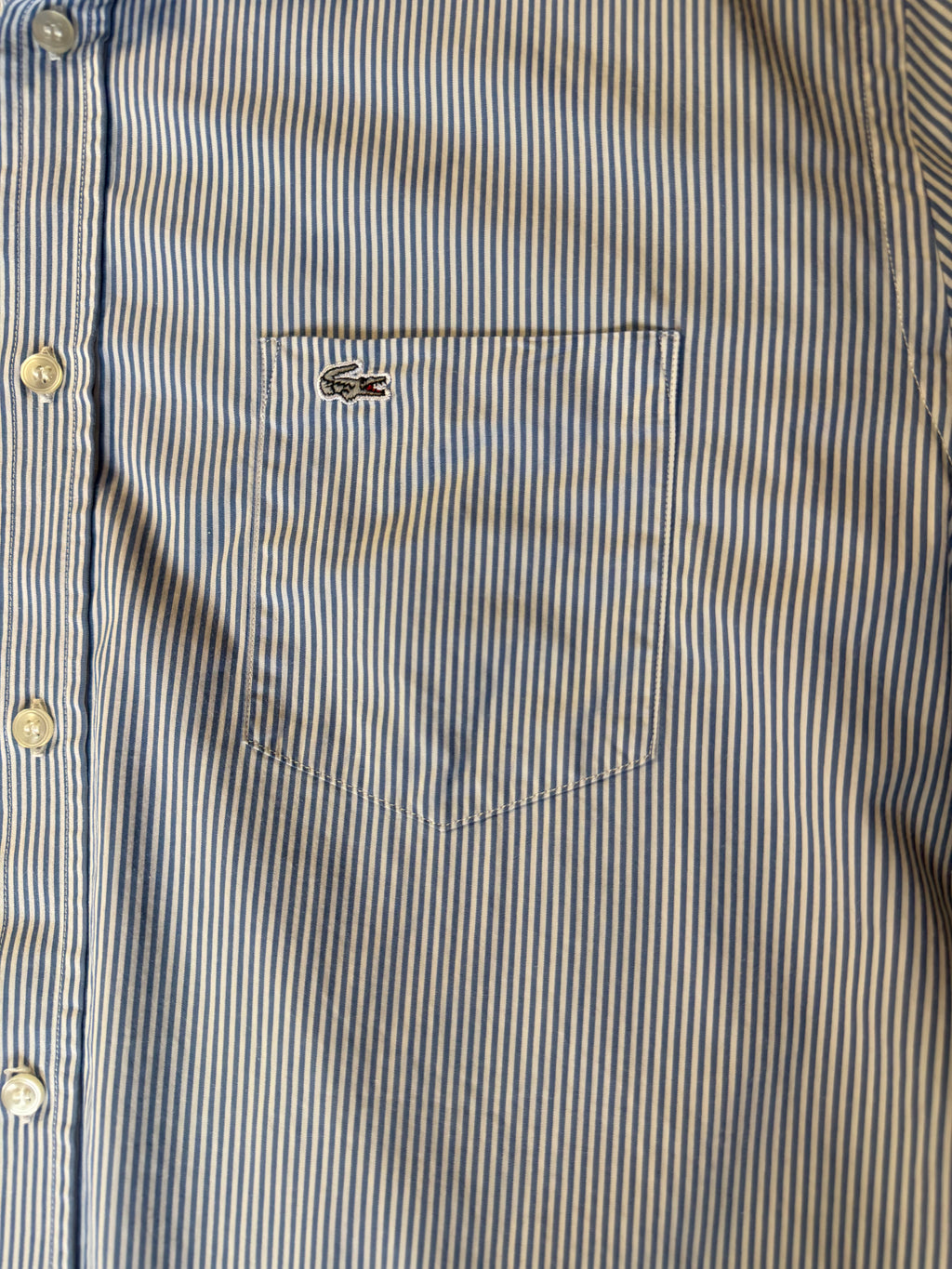 Chemise Manches Courtes Rayée "Lacoste" Bleu et Blanc, Coupe Classic Fit (Taille FR 42 / US 16 1/2)