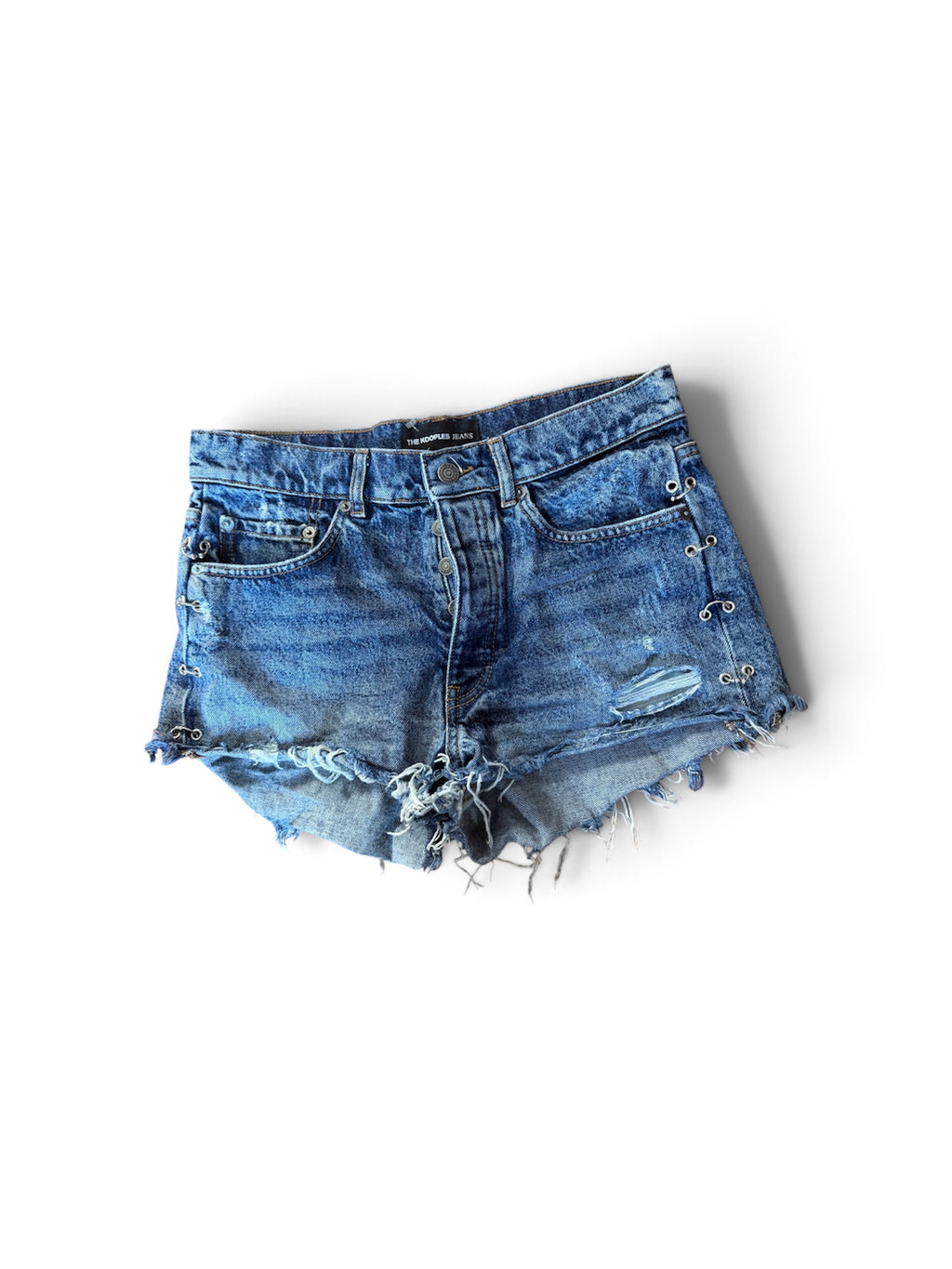 Short en Jean Vintage "The Kooples" Bleu Délavé avec Piercing et Effet Destroy