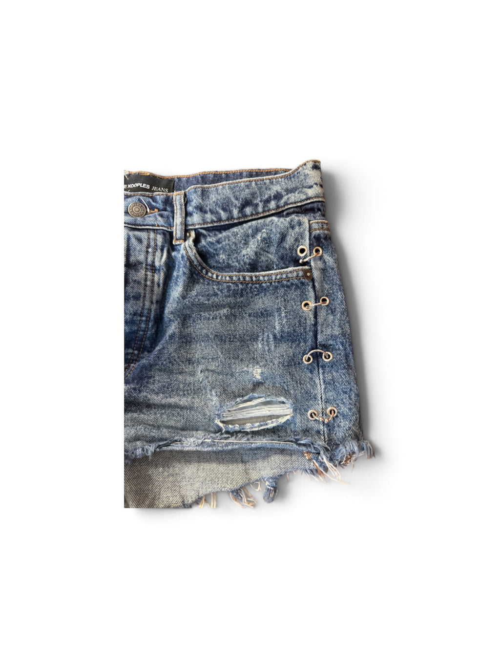 Short en Jean Vintage "The Kooples" Bleu Délavé avec Piercing et Effet Destroy