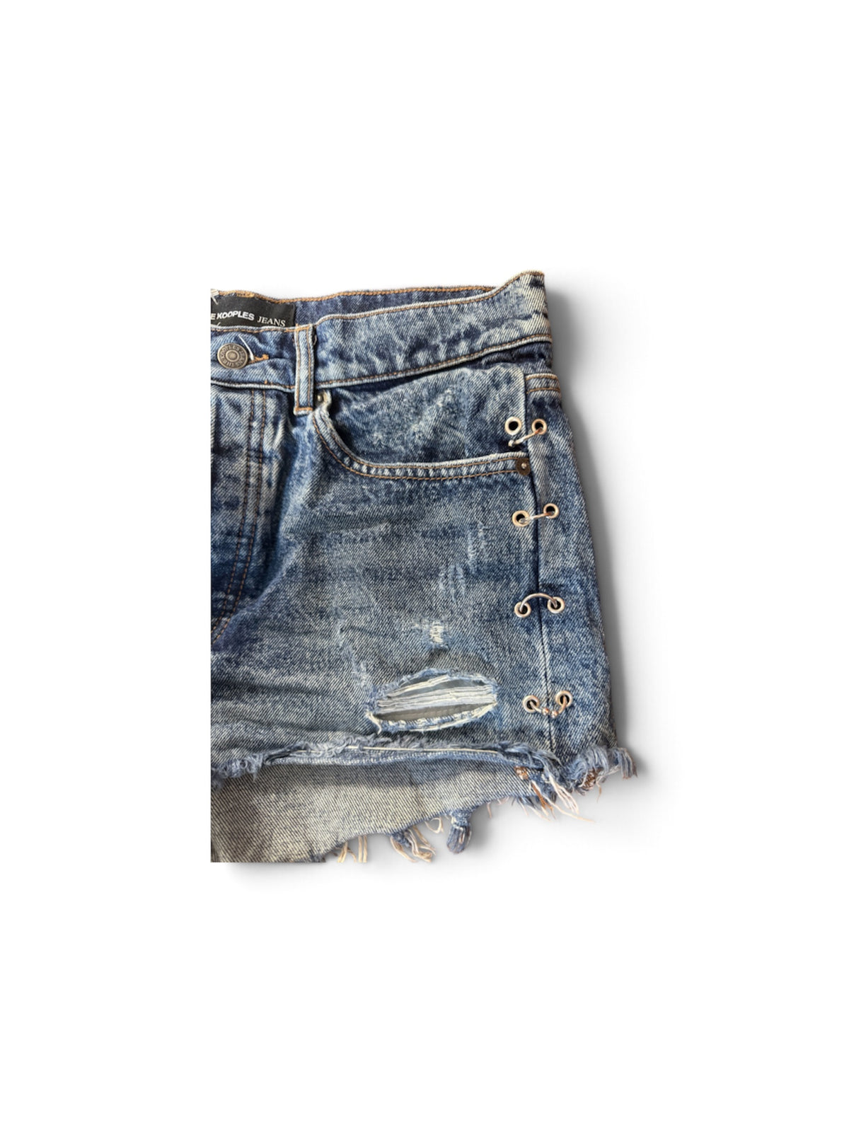 Short en Jean Vintage "The Kooples" Bleu Délavé avec Piercing et Effet Destroy