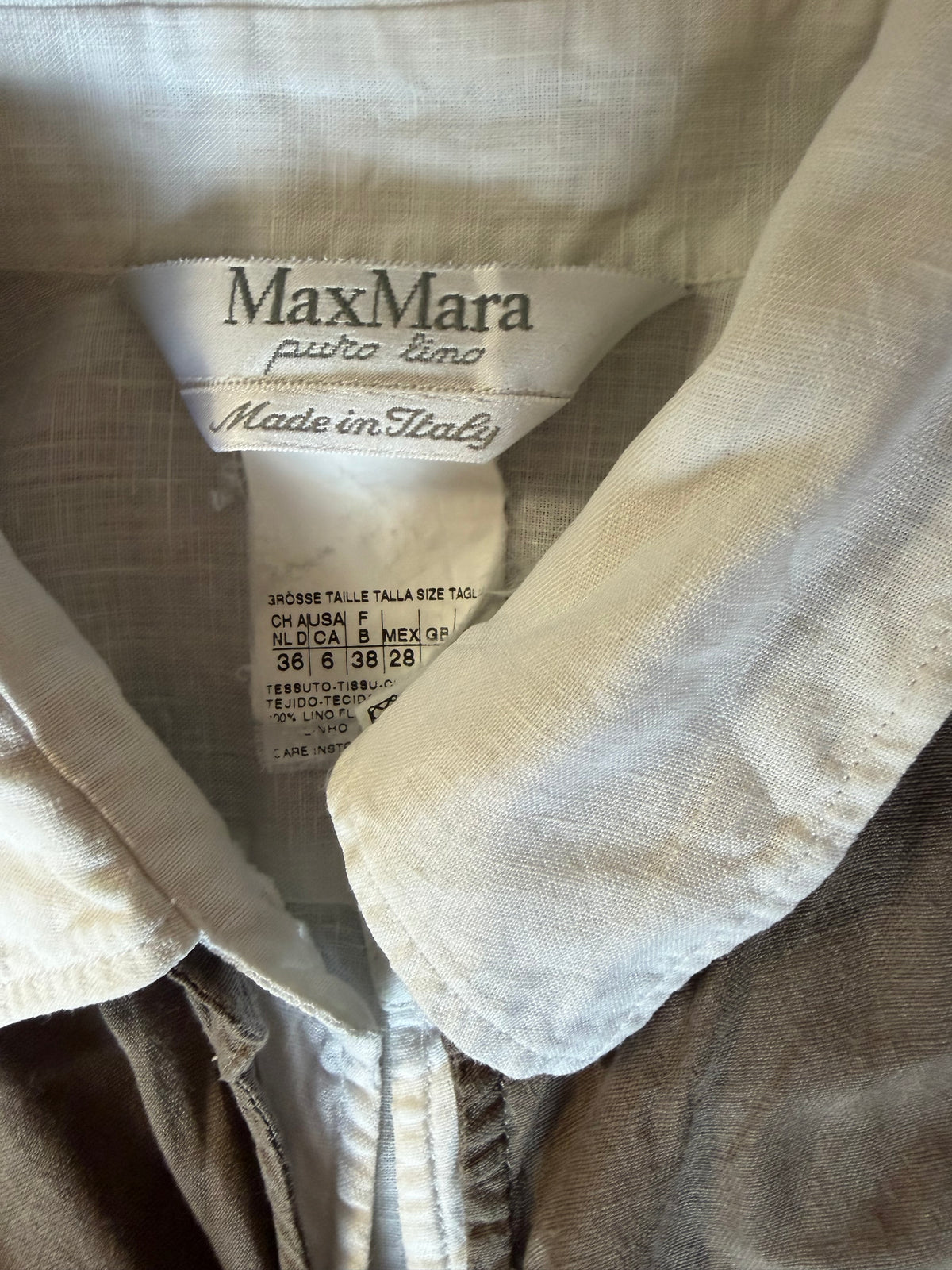 Robe Portefeuille Vintage en Pur Lin "Max Mara" Taupe et Blanc, Made in Italy