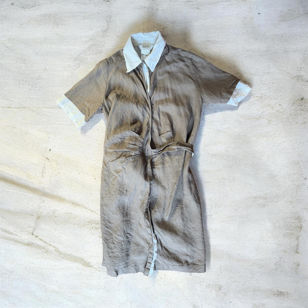 Robe Portefeuille Vintage en Pur Lin "Max Mara" Taupe et Blanc, Made in Italy