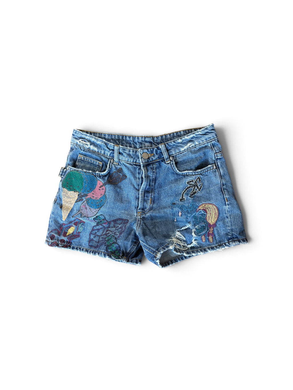 Short en Jean Brodé "Zadig & Voltaire" Bleu avec Patchs et Effet Destroy